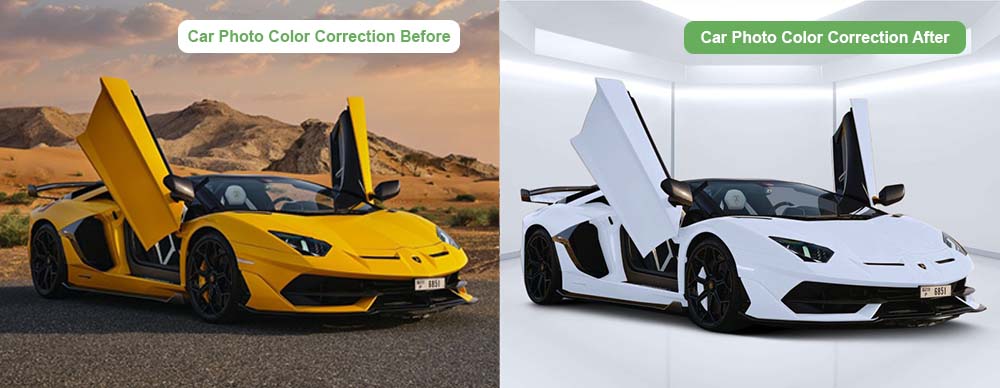 car photo color correction before after example with manual car photo editing.