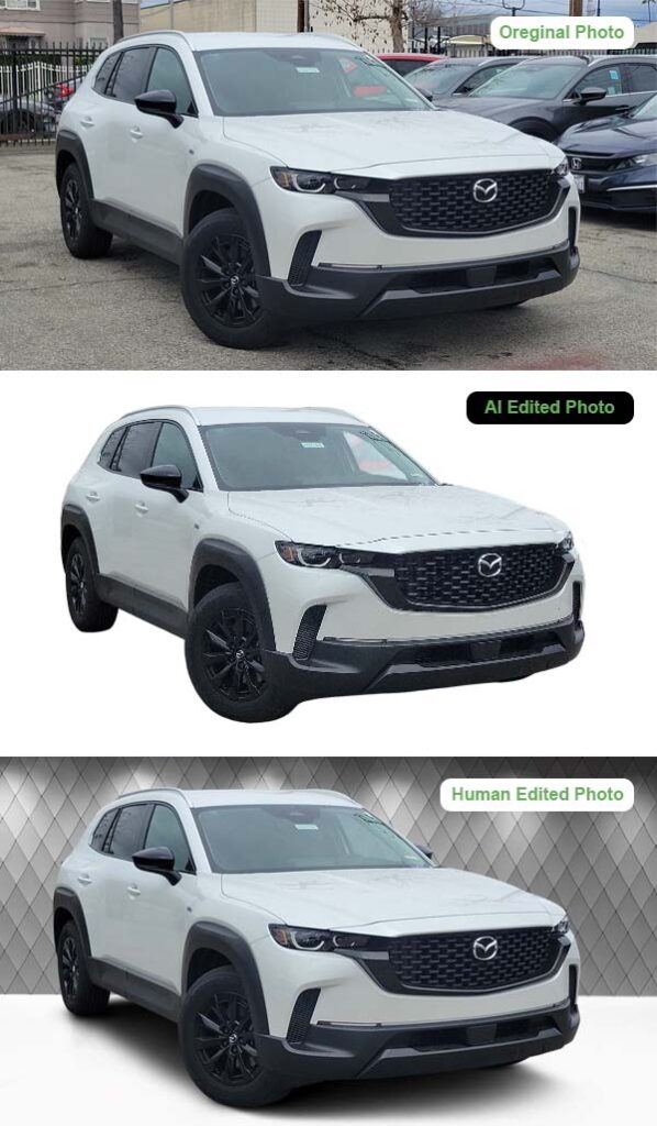 a comparison of manual car photo editing vs AI editing